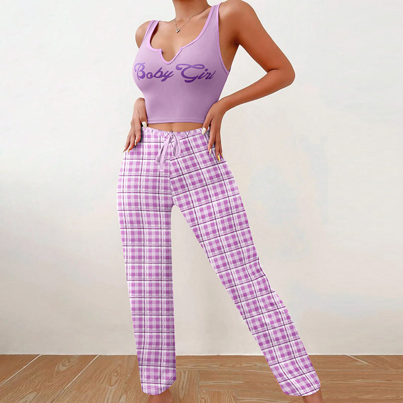 Girl Home Wear Letter Printed Vest Top Color Block Plaid Trousers Women's Pajamas 6