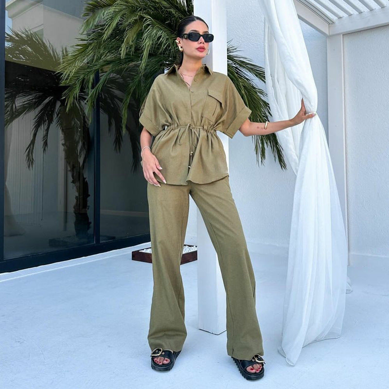Women's Cargo Style Drawstring Pocket Shirt Pants Two-Piece Set 6