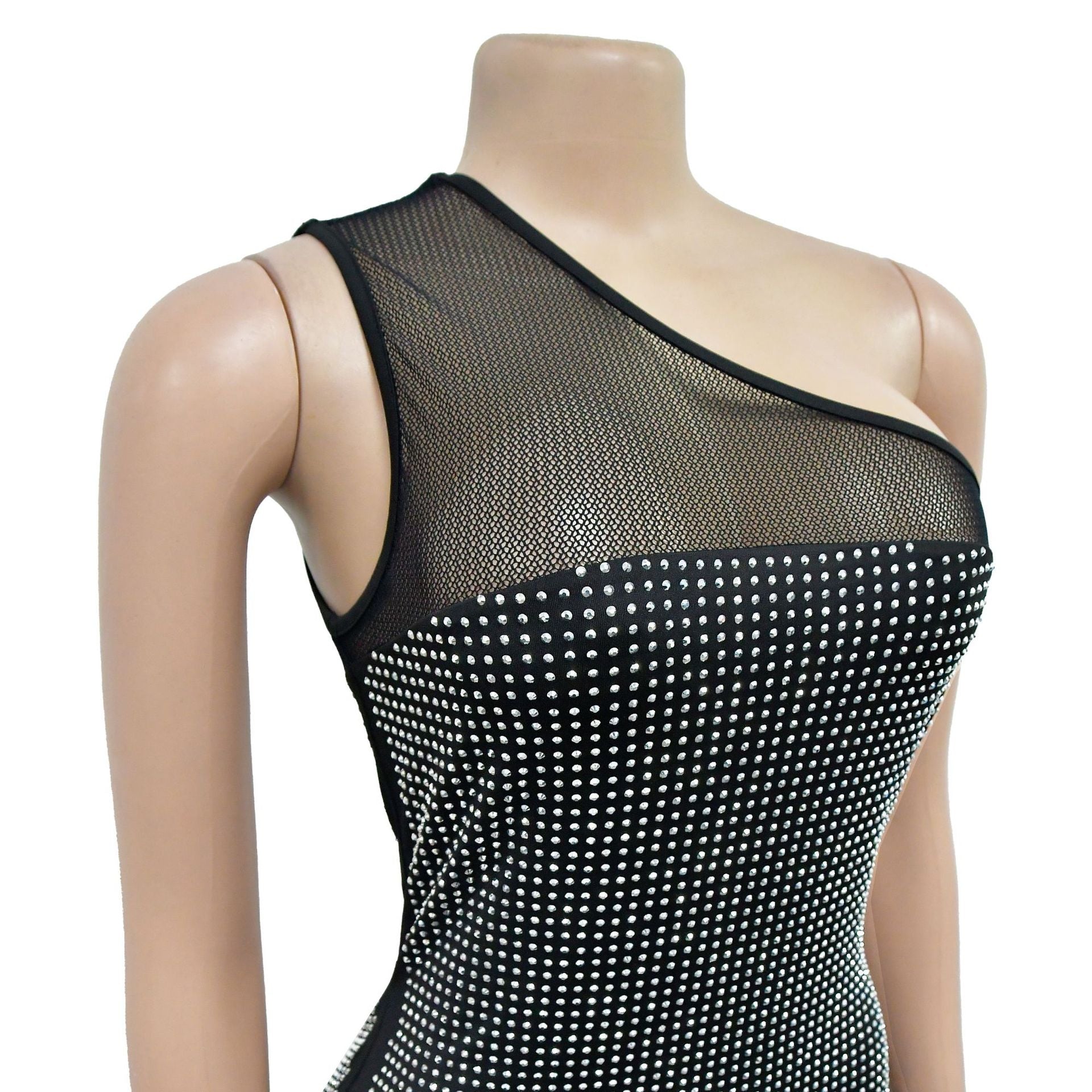 Fashion Women's One Shoulder Beaded Mesh Feather Party Dress 13