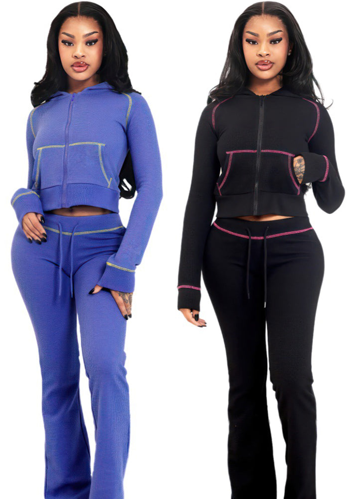 Women Waffle Hooded Two-piece Set 5