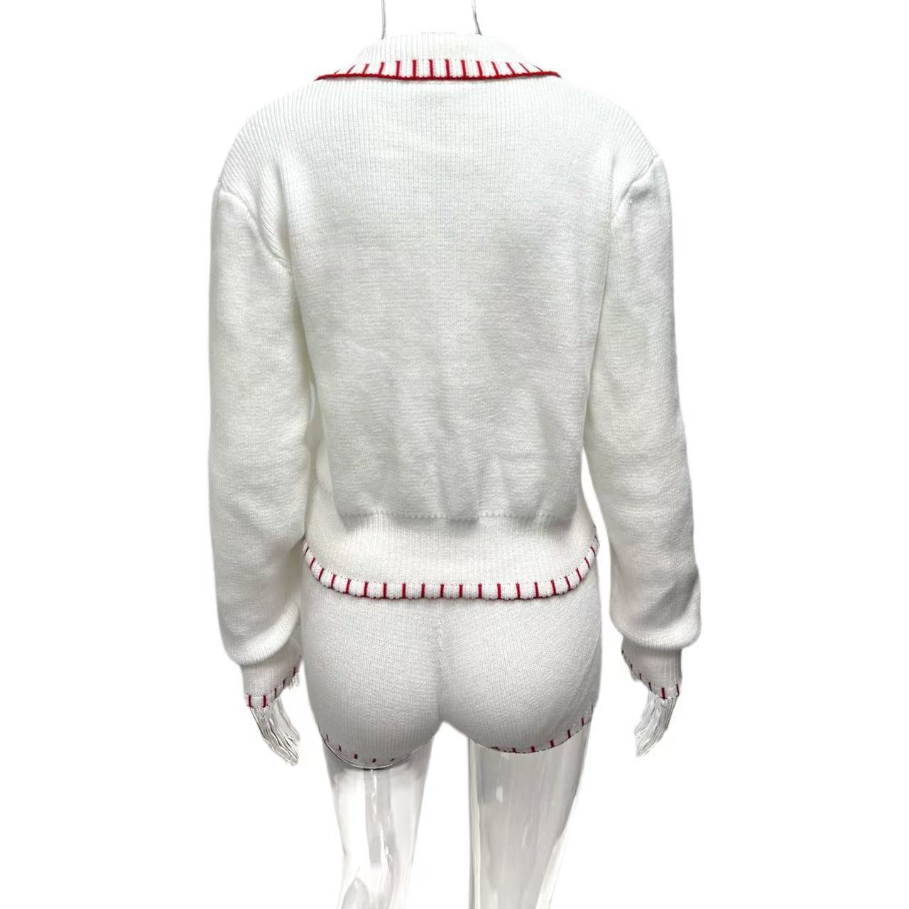 Women Knitting Turndown Collar Long-Sleeved Top and Shorts Two-Piece Set 6