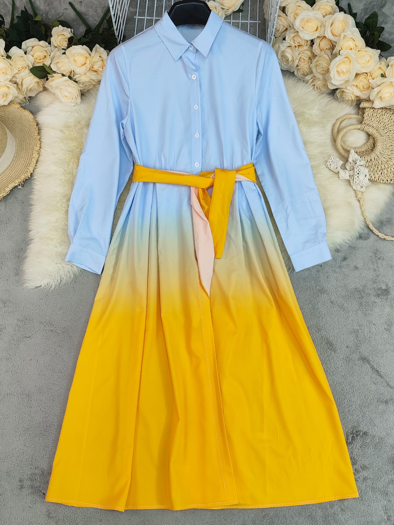 Summer Women's Fashion Gradient Long Sleeve Loose Tie Waist Shirt Dress 8