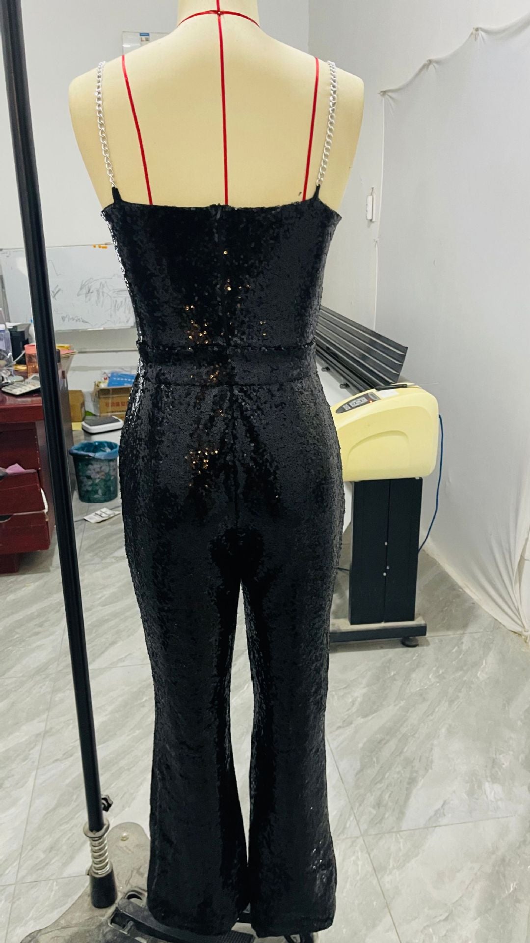 Fashionable women's sexy chain strap Low Back belt sequin Jumpsuit 12