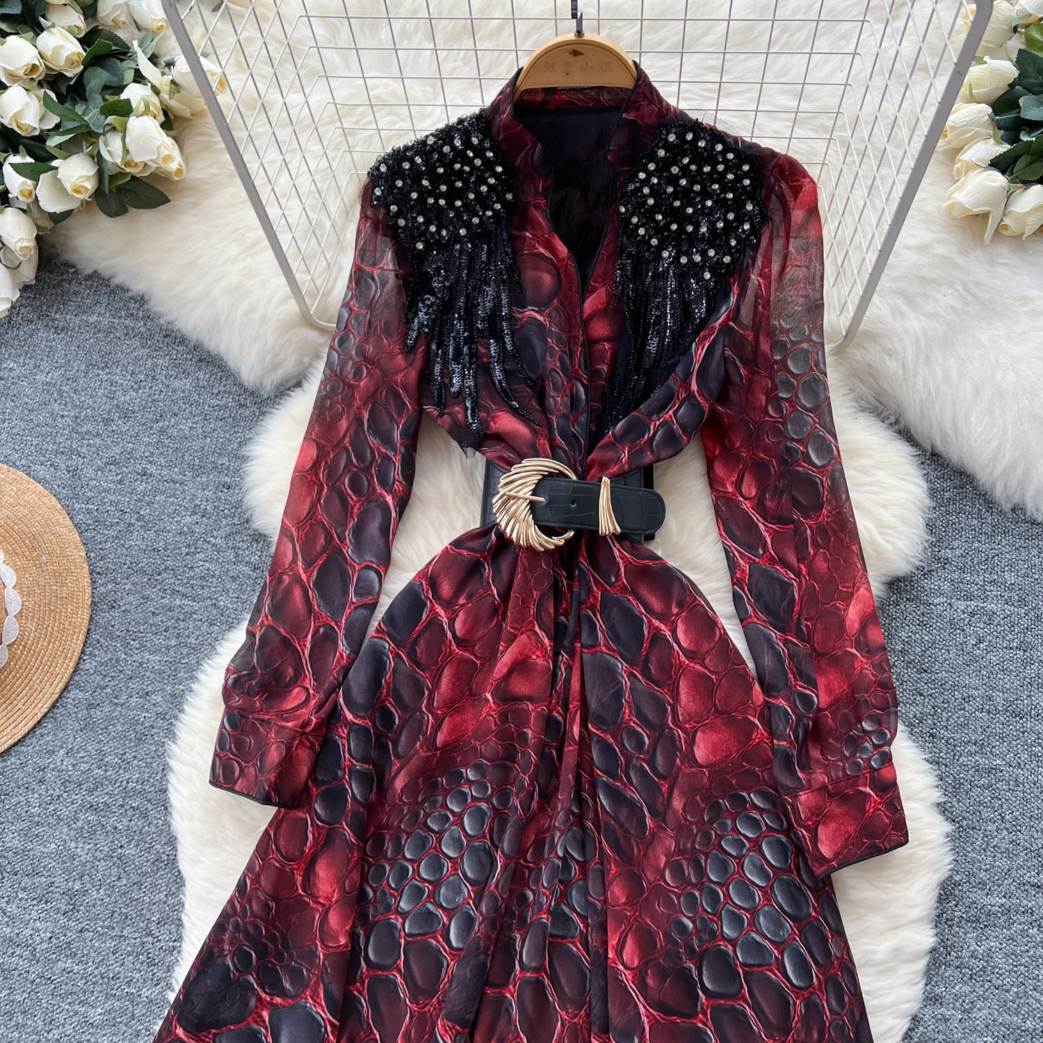 Fashionable Women's Beaded Sequin Embroidery V neck Slim Waist Long Sleeve Leopard Print Elegant Long Dress 6