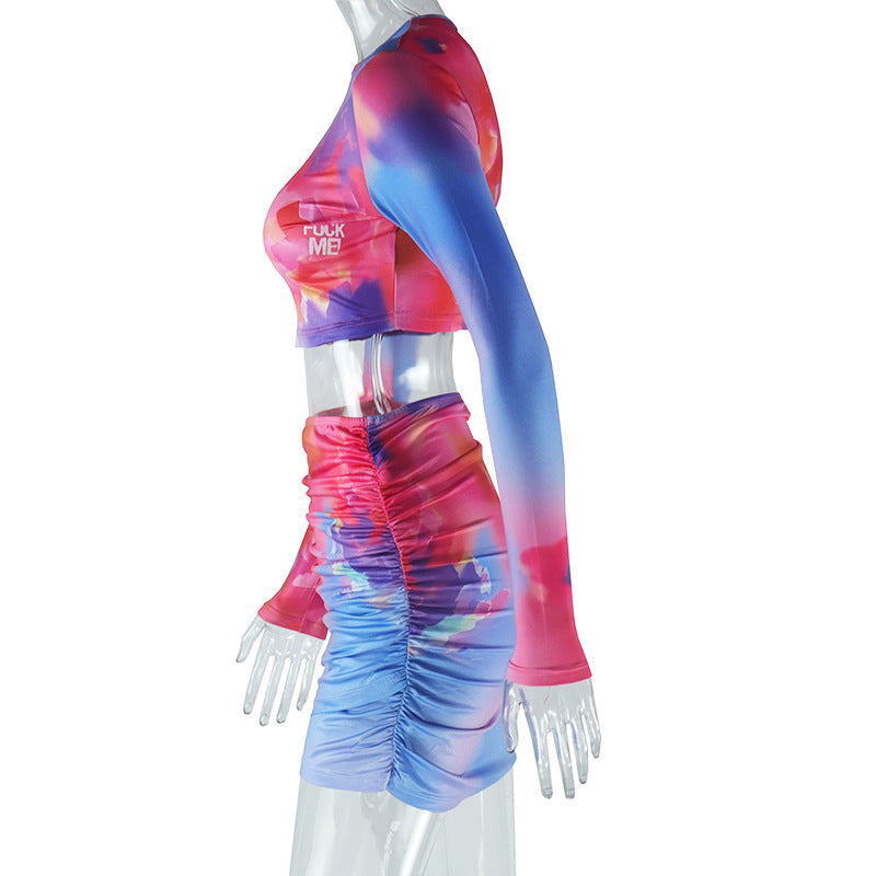 Women Printed Round Neck Long Sleeve Crop Top and Skirt Two Piece Set 7