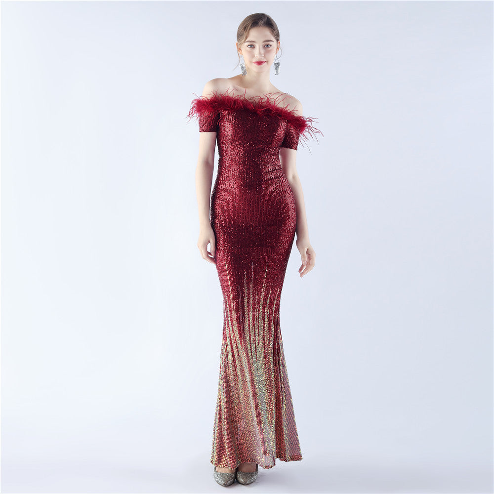 Women craft ostrich feather gradient sequins Off Shoulder evening dress 11