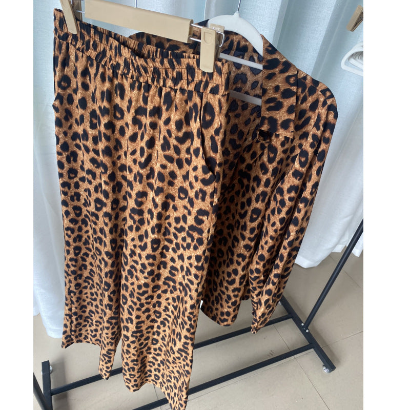 Women autumn leopard print long-sleeved shirt and Pant two-piece set 9