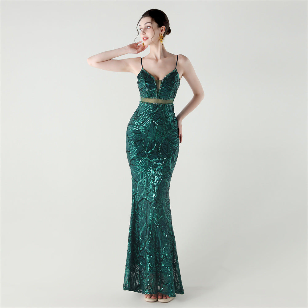 Women See-Through Mesh back cross Lace-Up fishtail sequined evening dress 21