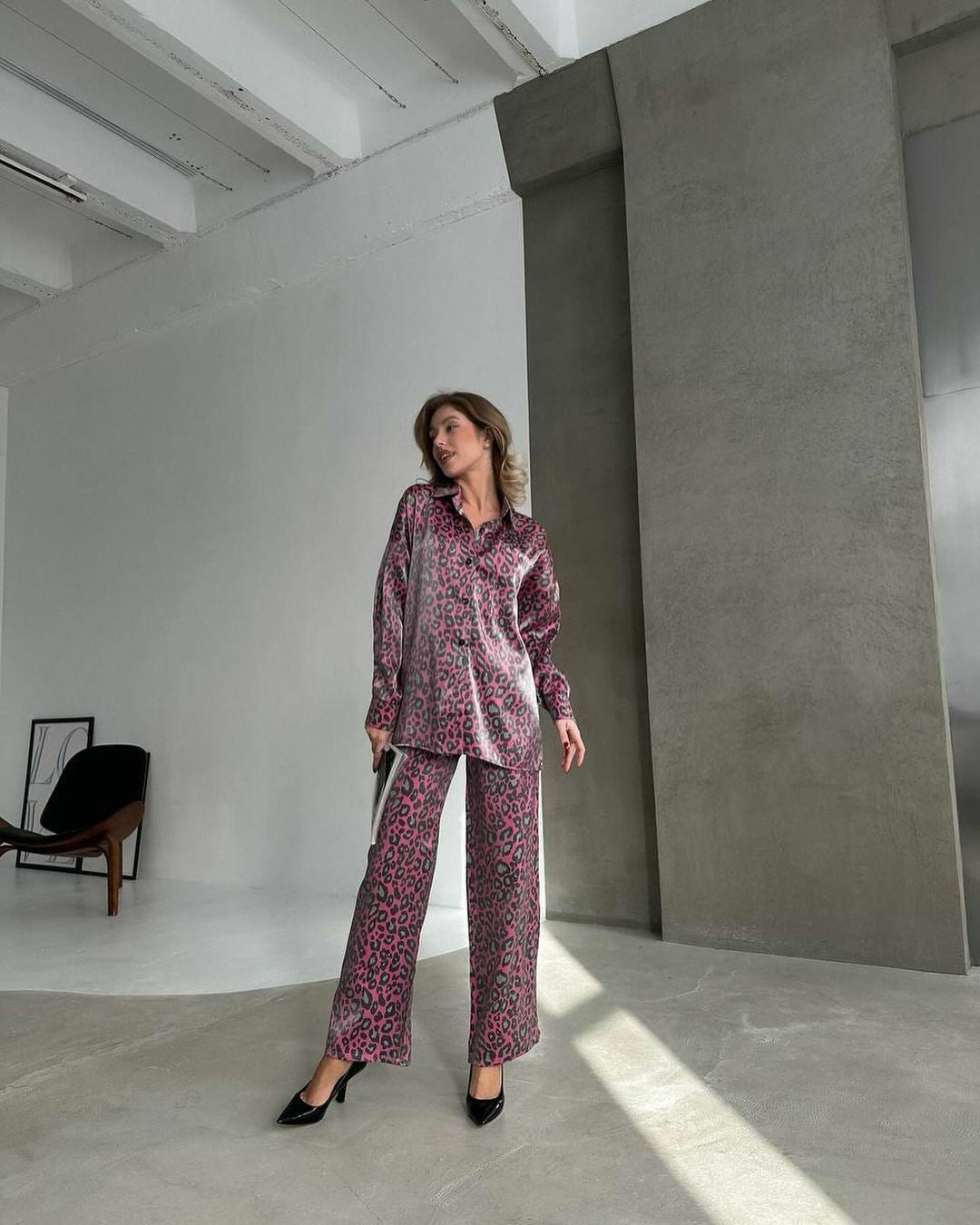 Fashion Casual Set Women Leopard Print Fall Women Long Sleeve Shirt Pants Two-Piece Set 4