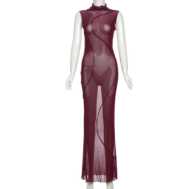 Spring Women's Solid Sexy See-Through Mesh High Waist Bodycon Long Dress 7