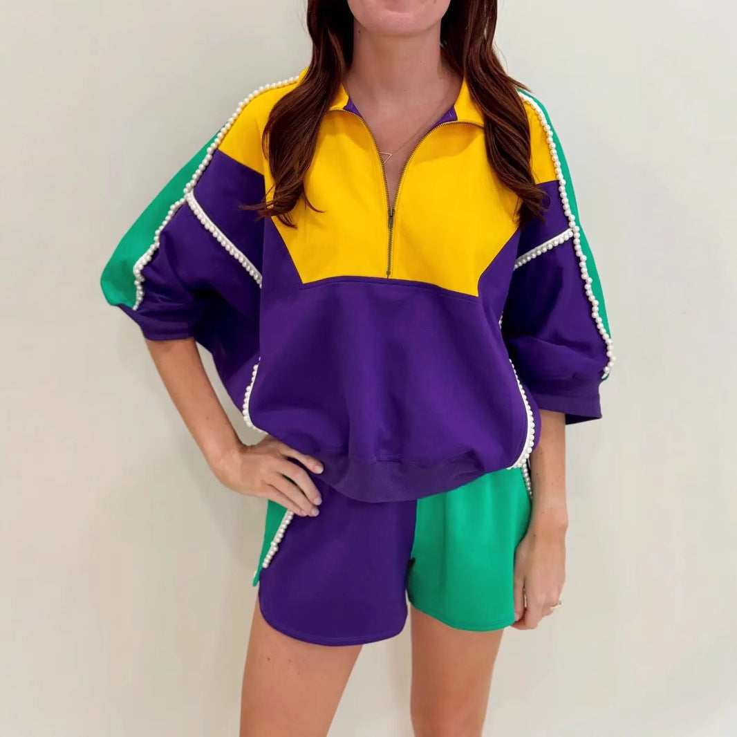 Women Color Block Patchwork Top and Shorts Two Piece Set 3