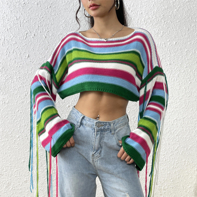 Women Rainbow Stripe Tassel Crop Loose Sweater 4