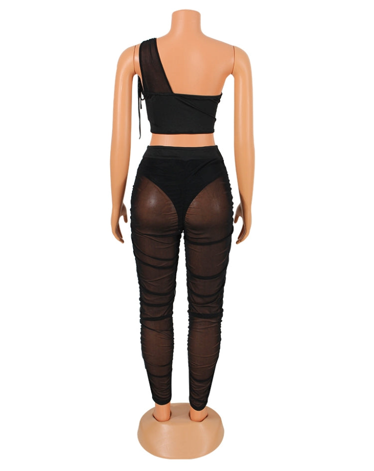 Spring Sexy Black Mesh See Through One Shoulder Sleeveless Corset Top and Ruched Pants Set Wholesale 2 Piece Sets 6