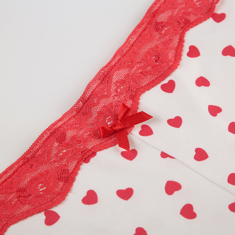 Women Heart Print Lace V-Neck Suspender Top and Shorts Two Piece Set 14