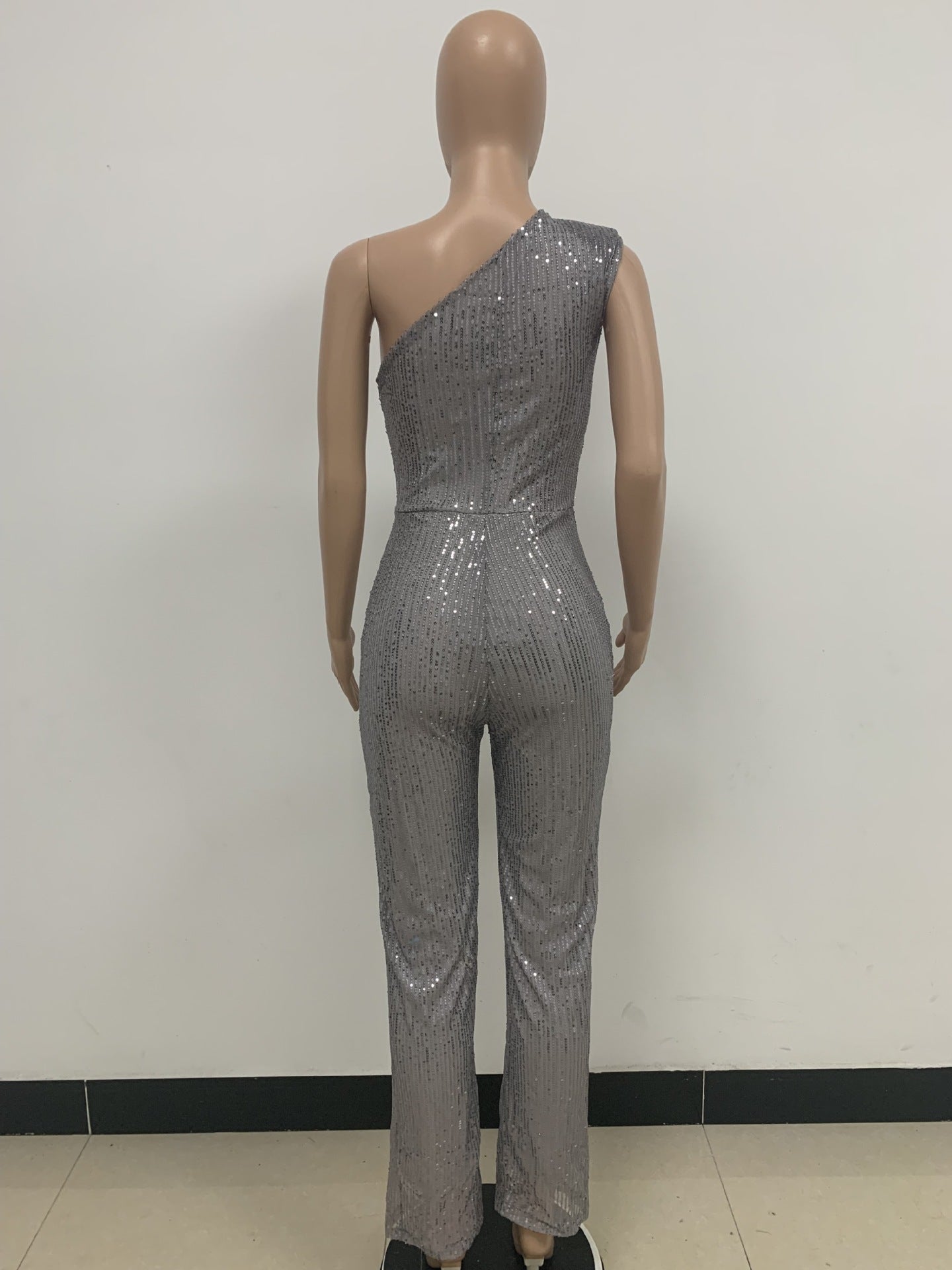 Women's Sleeveless One Shoulder Low Back Sequined Jumpsuit 53