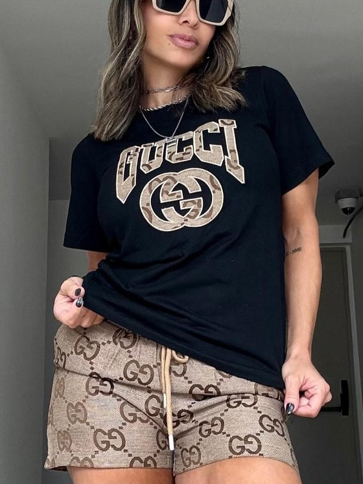 Women Summer Embroidered Printed Short Sleeve Top and Shorts Two-Piece Set