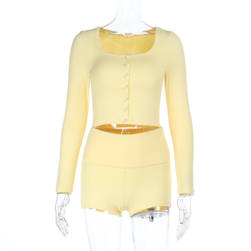 Long Sleeve Top & Shorts Set Summer Streetwear Solid Color Outfit 7