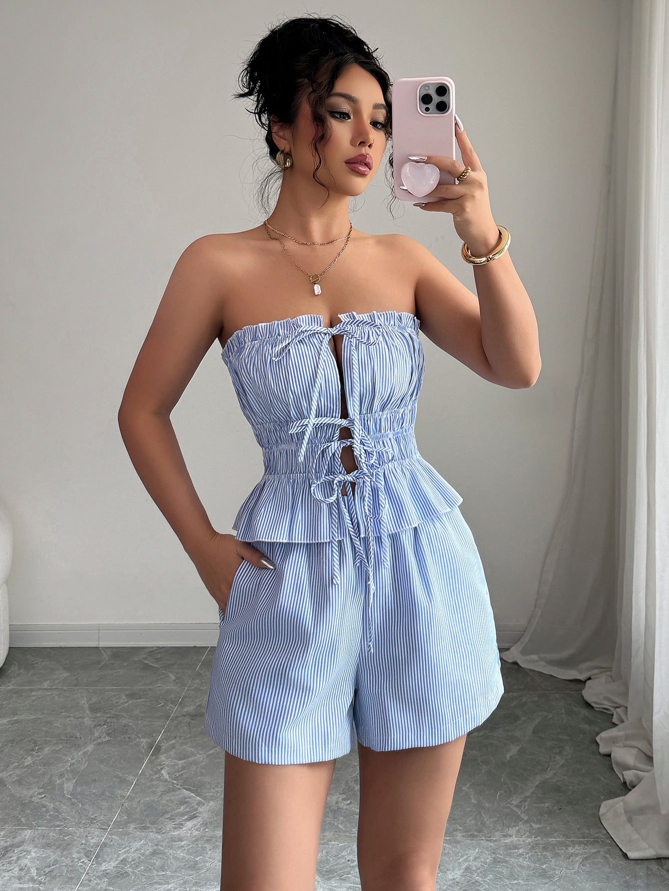 Women Elegant Lace-Up Top Shorts Two-piece Set