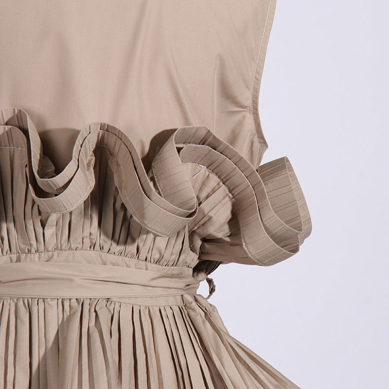 Spring Summer Fashionable Chic Khaki V-Neck Pleated Patchwork Sleeveless Lace-Up Women's Shirt 19