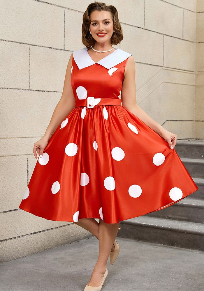 Plus Size Wedding Satin Turned-Down Collar Sleeveless Polka Dot Party A-Line Dress