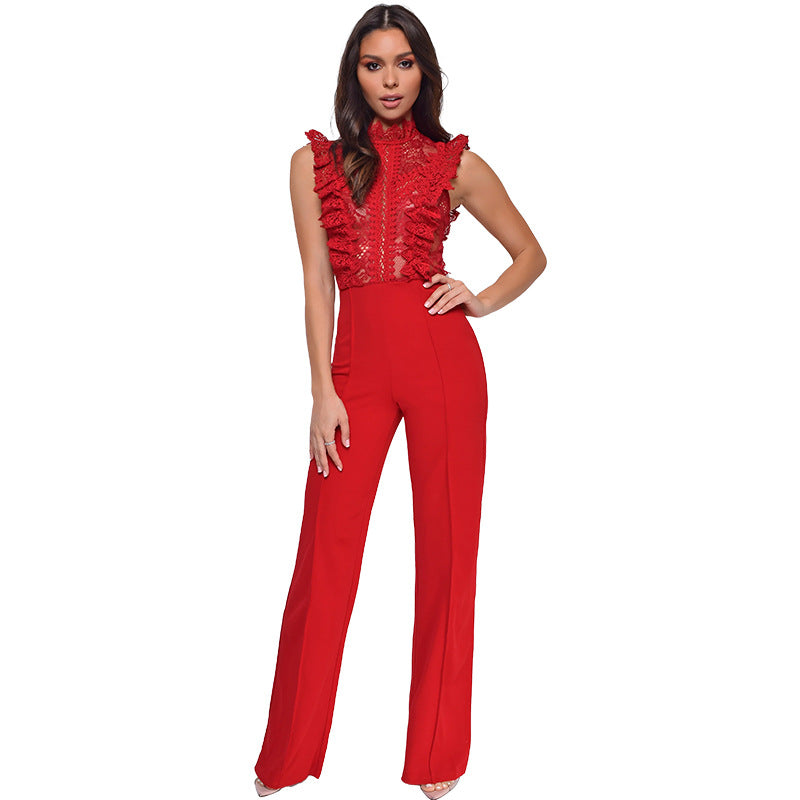 Women's High Neck Fashion Sleeveless Lace Patchwork Straight Leg Women's Jumpsuit 9