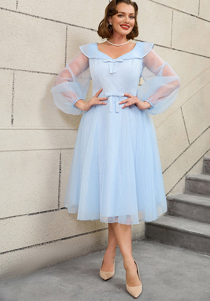 High-Waist Plus Size Women's Contrast Color Woven Striped Bubble Long-Sleeve A-Line Dress