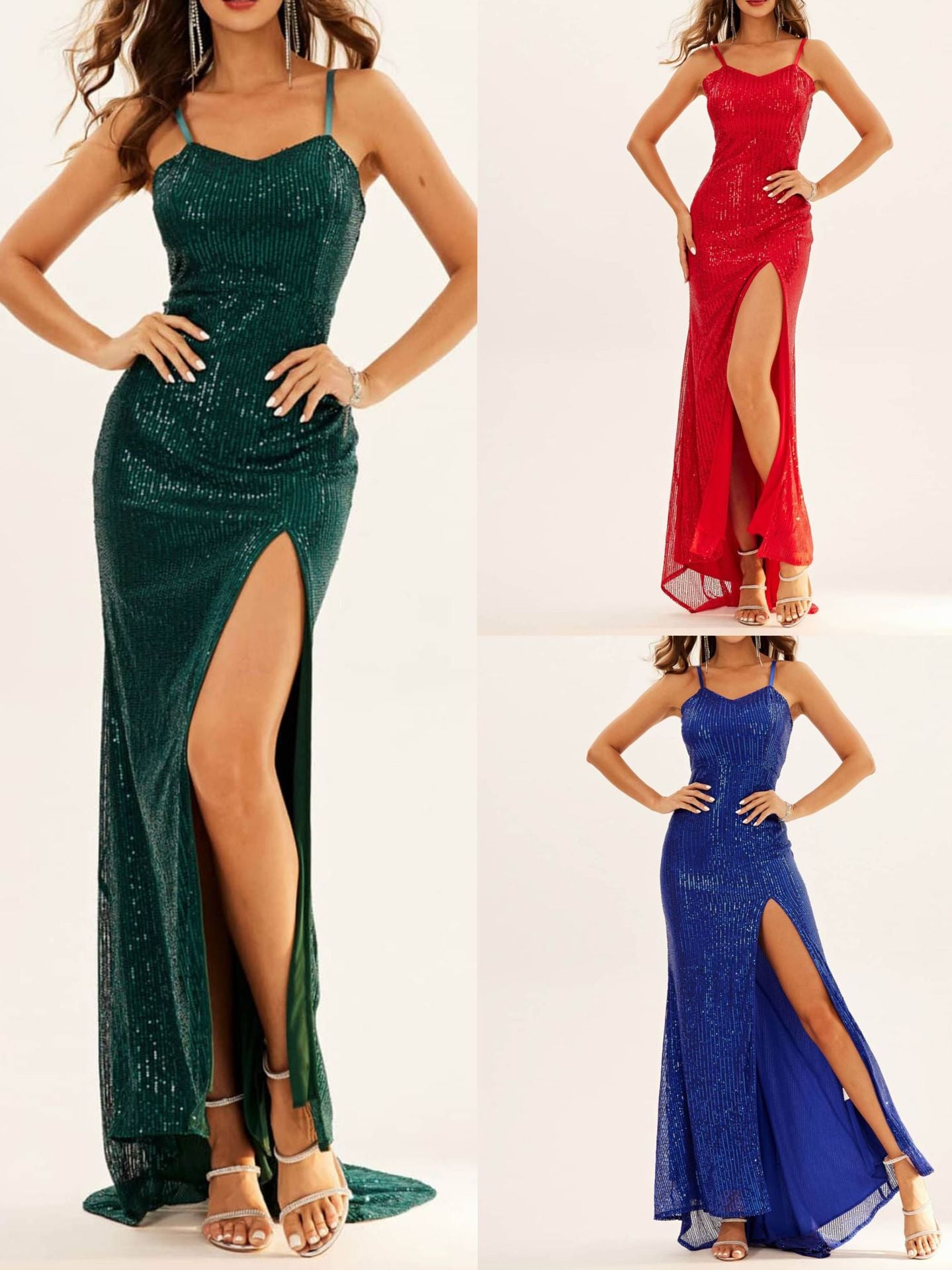 Spring and summer sling sequins slit trailing evening dress Formal Party sexy suspender dress