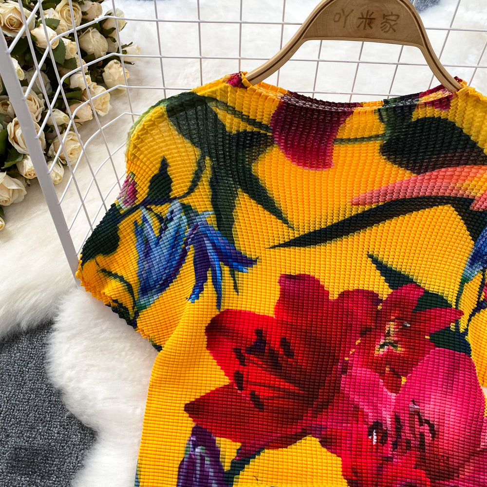 Fashion Women's Short Sleeve Printed Pleated Top High Waisted Slim Fit Wide Leg Pants Two-Piece Set 15