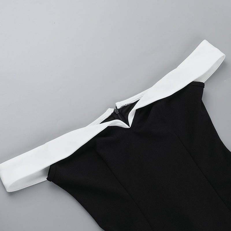 Summer Off Shoulder Contrast Color Elegant Slim Waist Tight Fitting Short Dress 11
