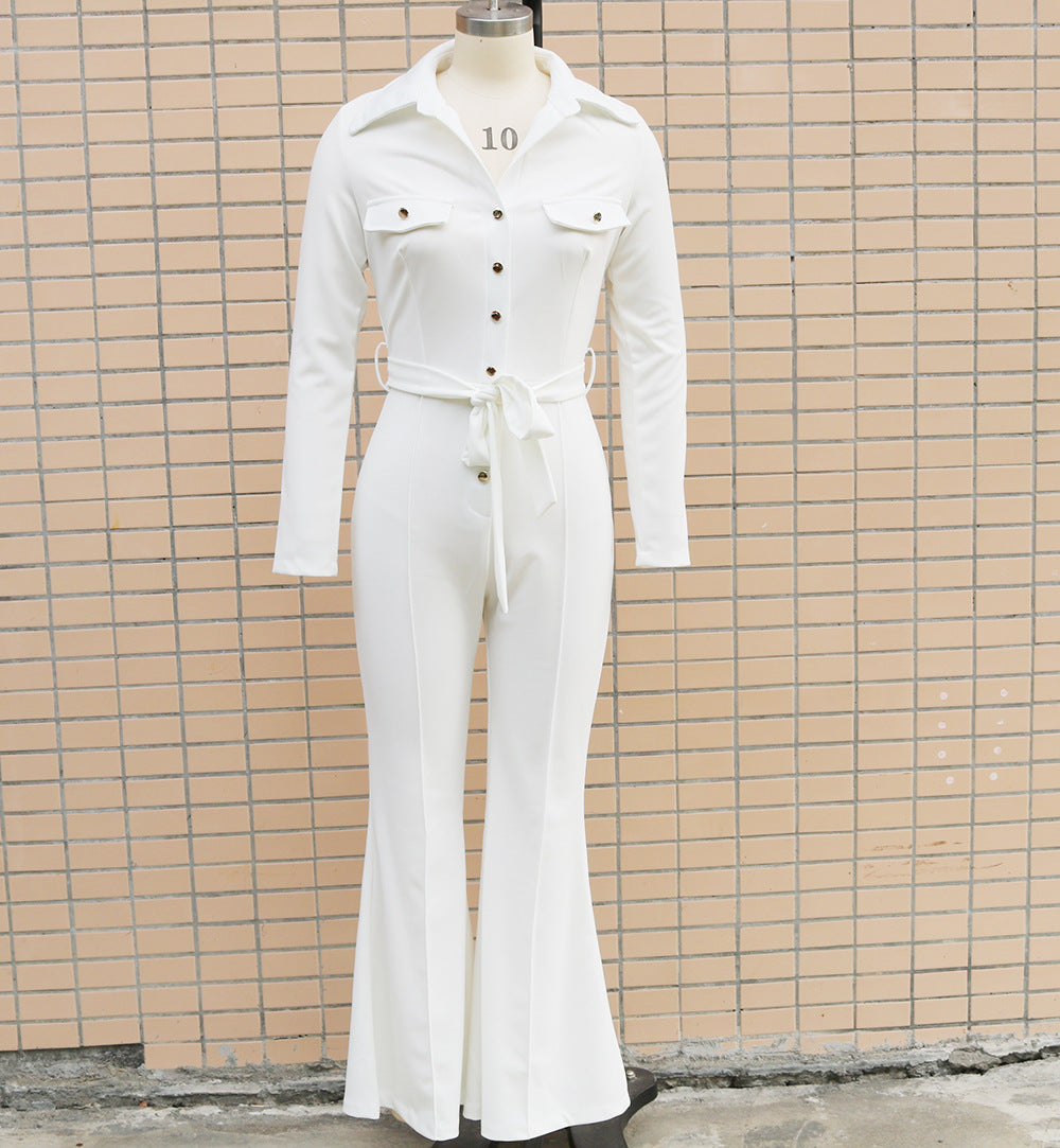 Women Turndown Collar Long Sleeve Bell-Bottom Jumpsuit 26