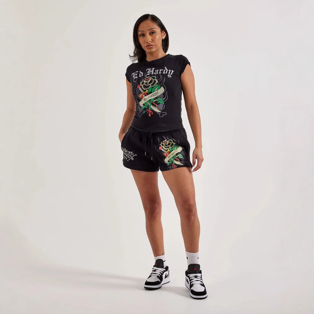 Women Print Short Sleeve Top and Shorts Two-piece Set 4