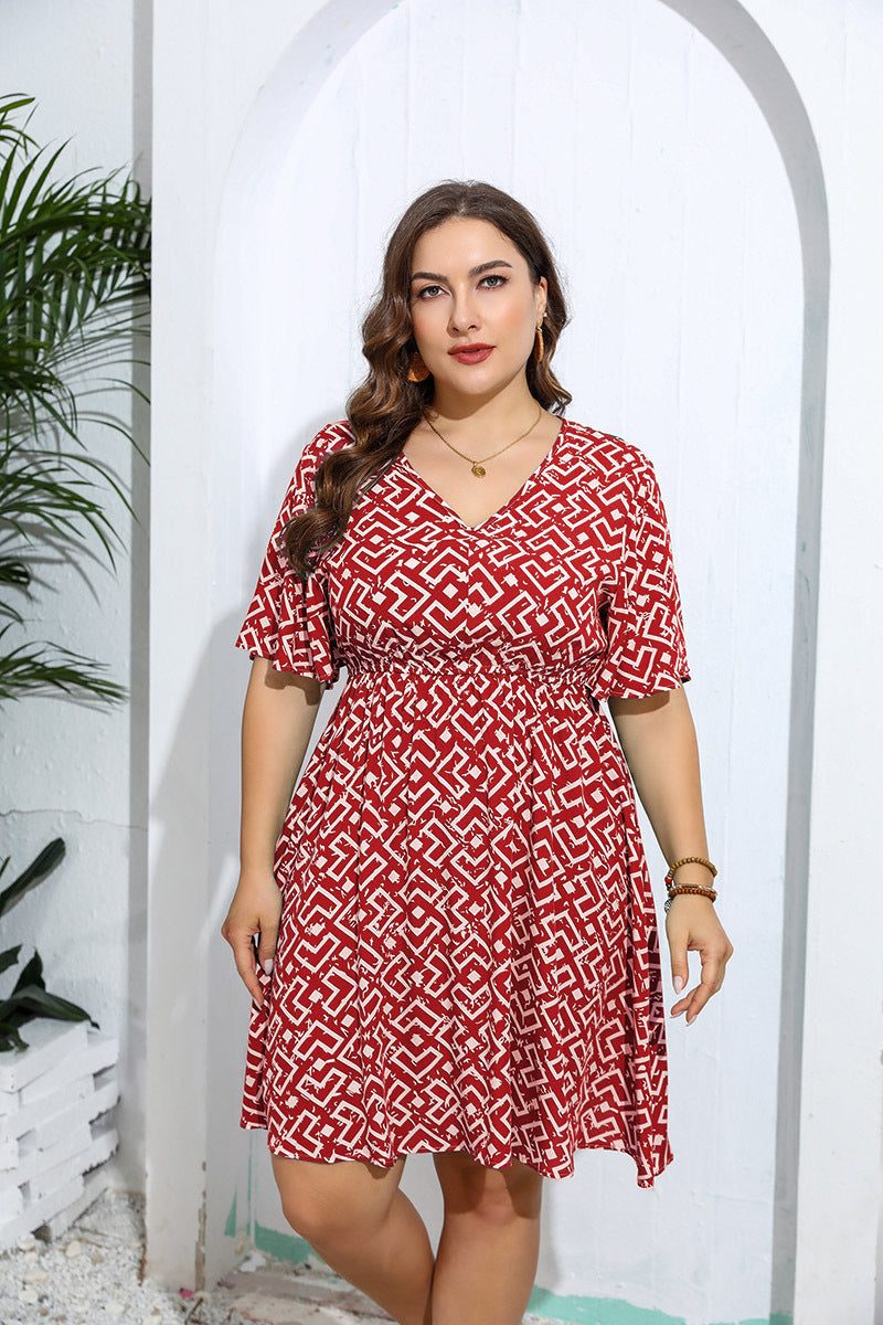Plus Size Geometric Pattern Print Loose V-Neck Casual Dress 3
