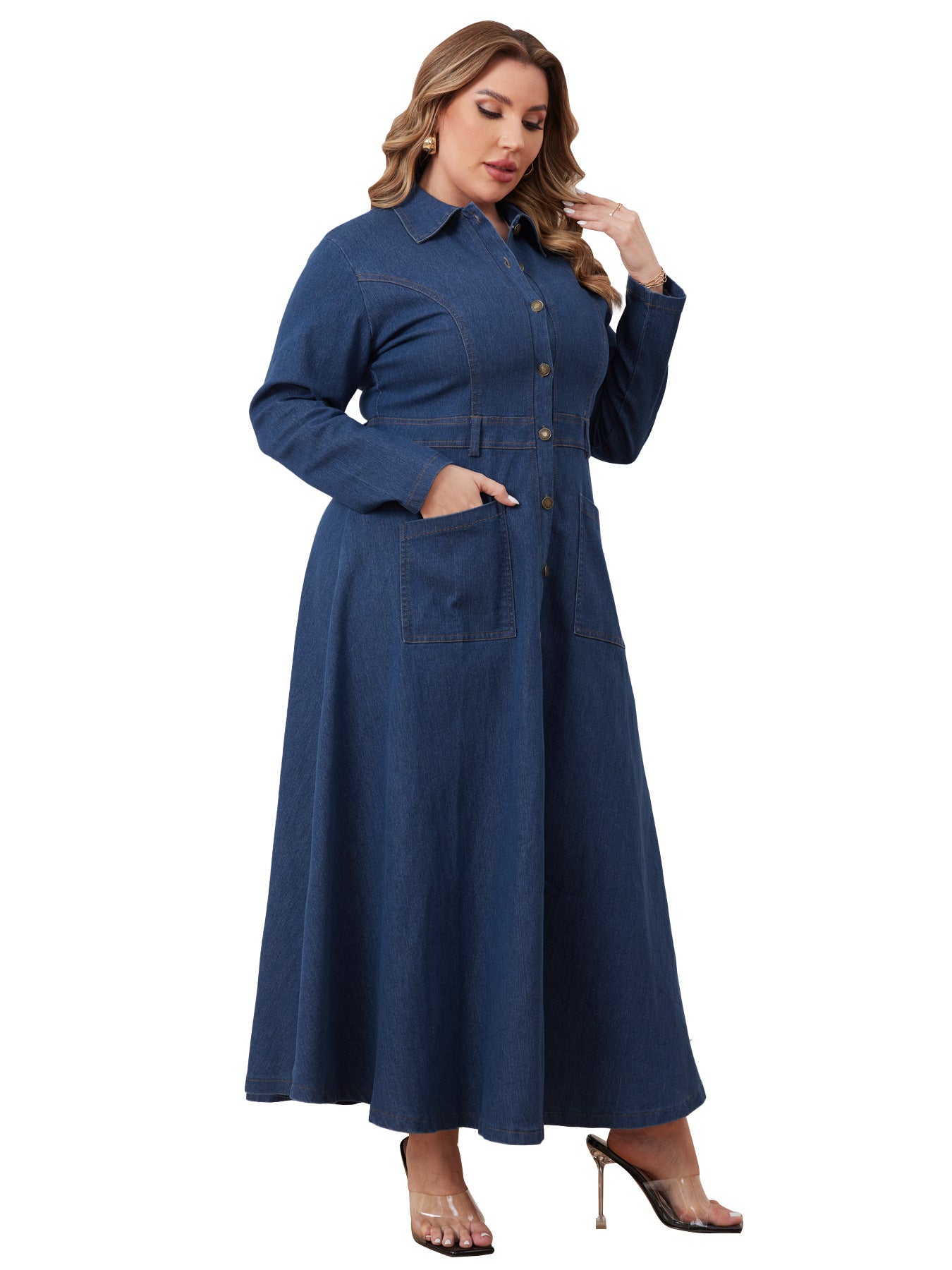 Plus Size Women Women Denim Turndown Collar Long Sleeve Dress 6