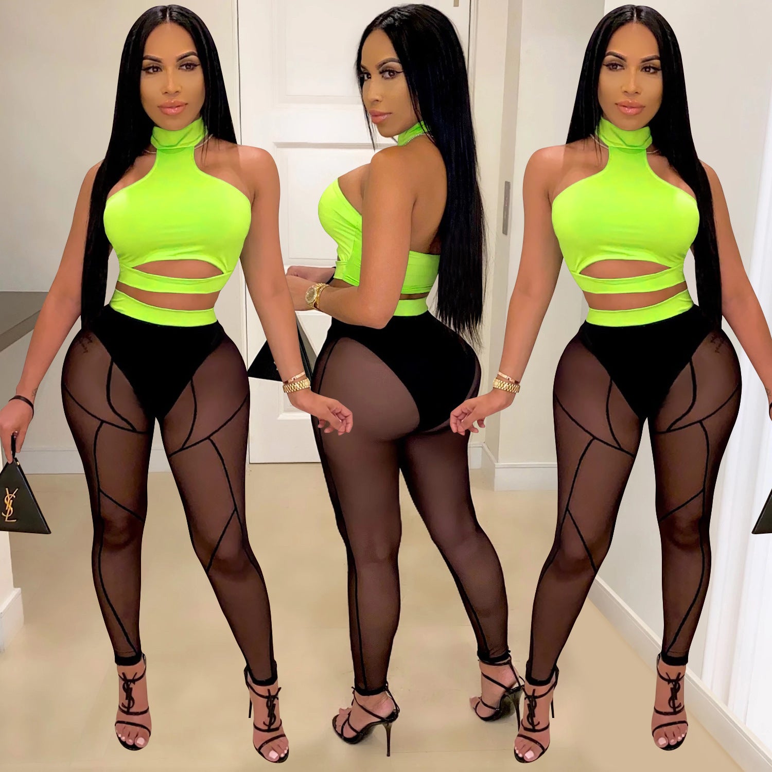 Women See-Through Colorblock Top and Pant Two Piece Set