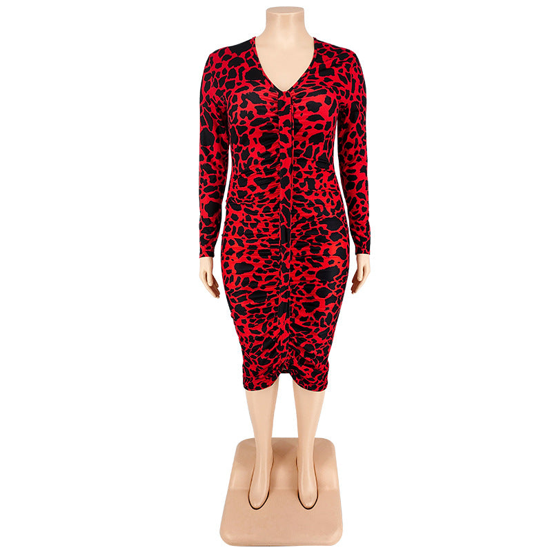 Plus Size Women Sexy Leopard Multicolor Long Sleeve Bodycon Dress 22