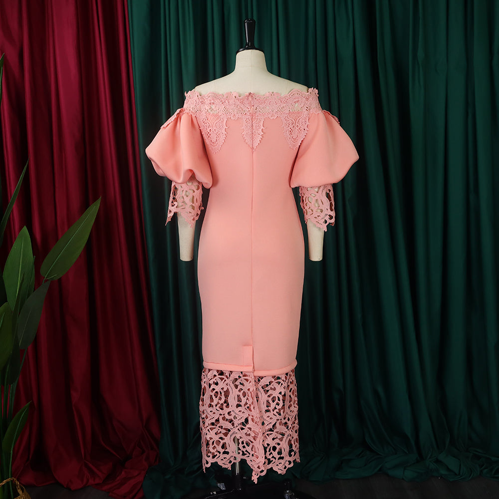 Women's Clothing Off Shoulder Lace Patchwork Puff Sleeve Formal Party Evening Dress 16