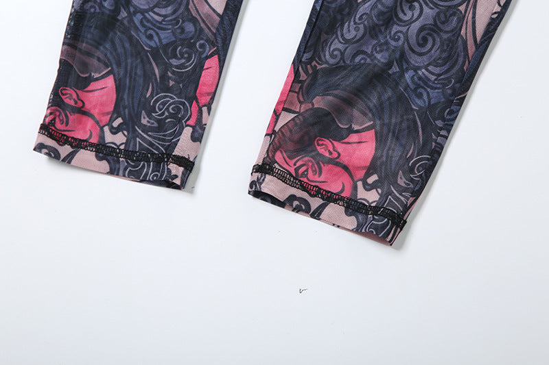 Women Summer Street Trend Mesh See-Through Print Backless Jumpsuit 29