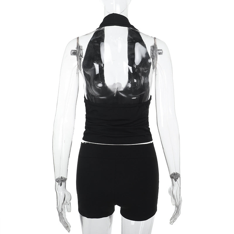 Women's Fashion Summer Set High Waist Solid Color Shorts and Halter Neck Flower Top 9