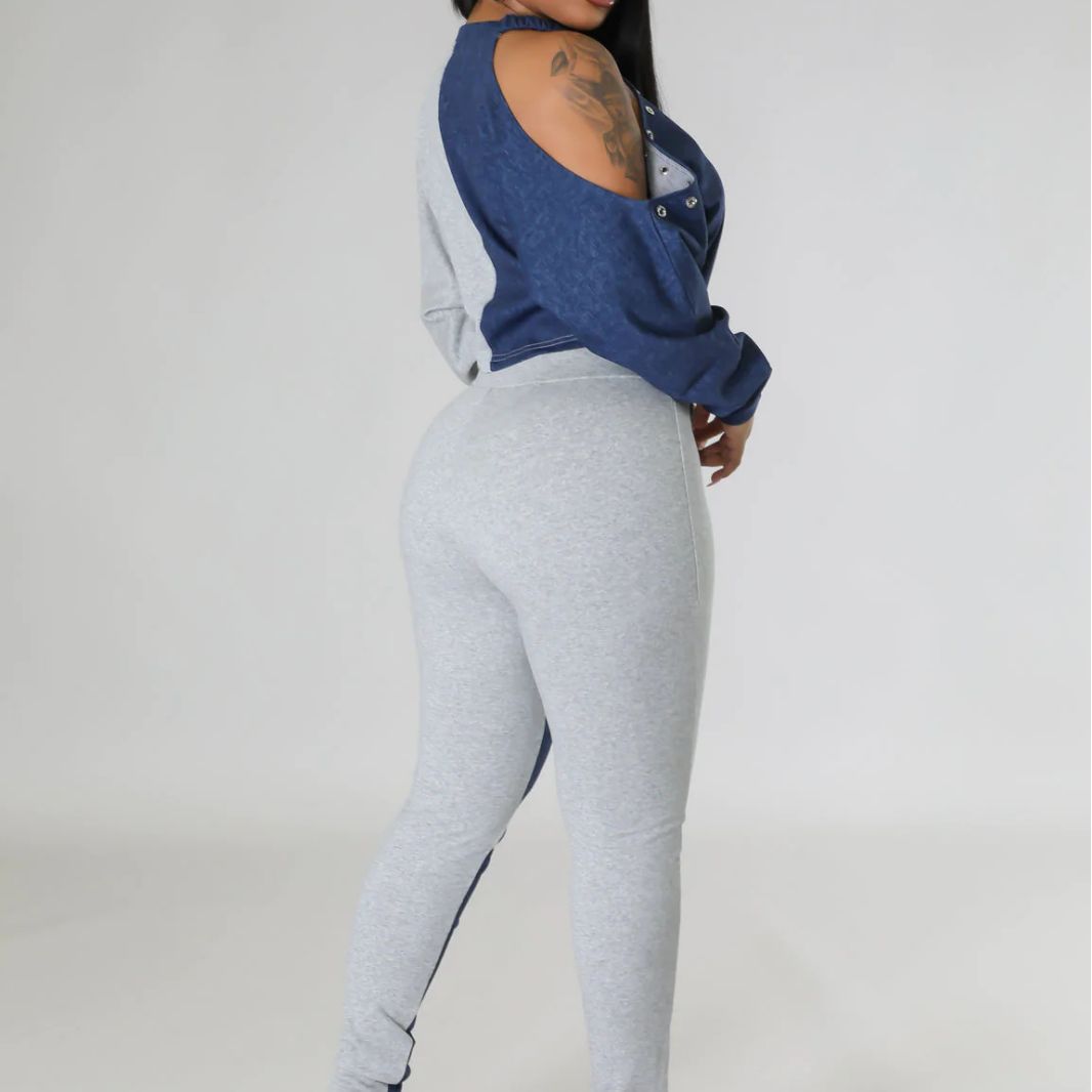 Women's Fall Shoulder Cutout Top Colorblock Metallic Trousers Casual Two Piece Set 4