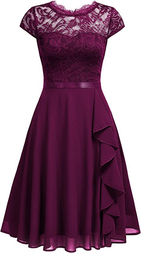 Summer Half-High Collar Short-Sleeved Lace Mid-Length Chiffon Patchwork Elastic Belt Dress 14