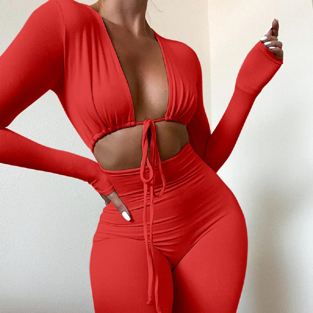 Women Solid Sexy Lace-up Hollow Long Sleeve Jumpsuit 10