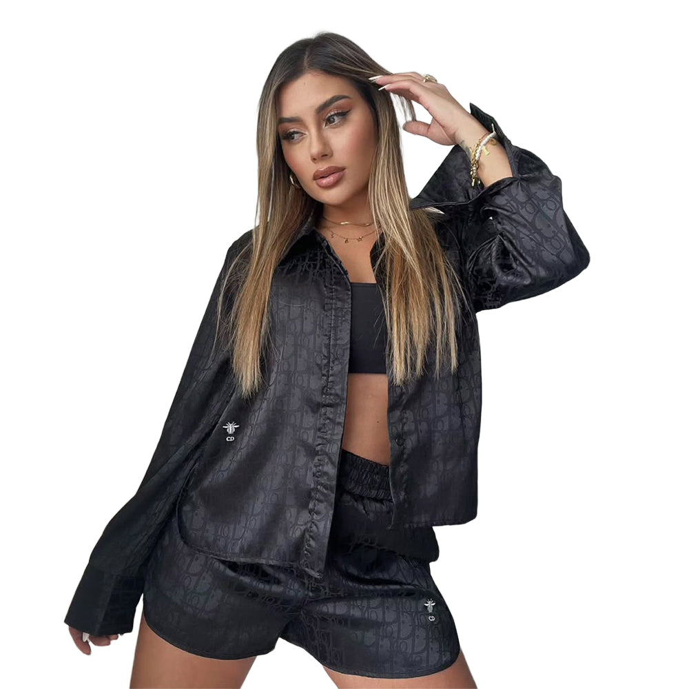 Women Elegant Satin Embroidered Long-Sleeved Top and Shorts Two-Piece Set 6