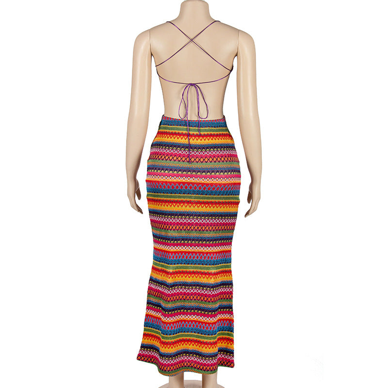 Women Summer Sleeveless Halter Neck Lace-up Strapless Top Bodycon SkirtTwo Piece Set 5