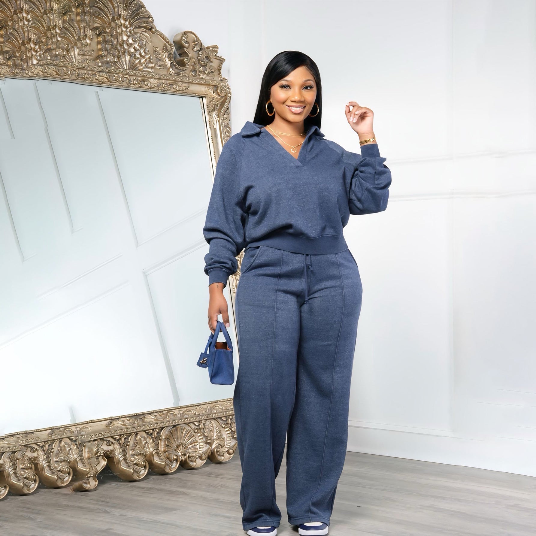 Women Fall/Winter Solid V-Neck Long Sleeve Casual Top and Pants Two-Piece Set 4