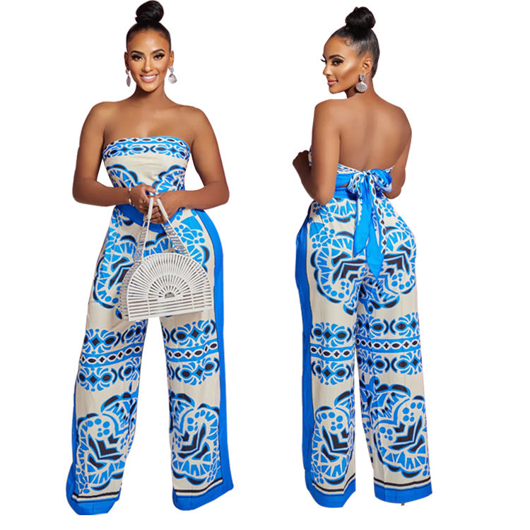 Women's Printed Strapless Wide Leg Pant Two-Piece Set 8