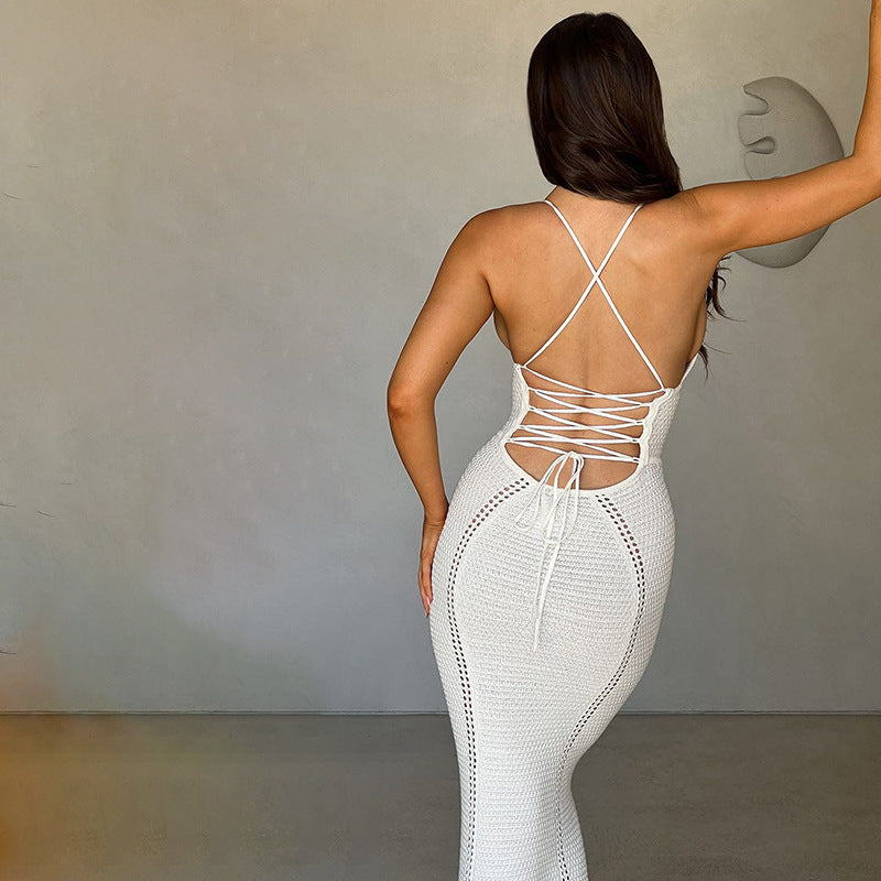 Women Spring and Summer Sexy Backless Hollow Lace Knitting Suspender Bodycon Dress 6