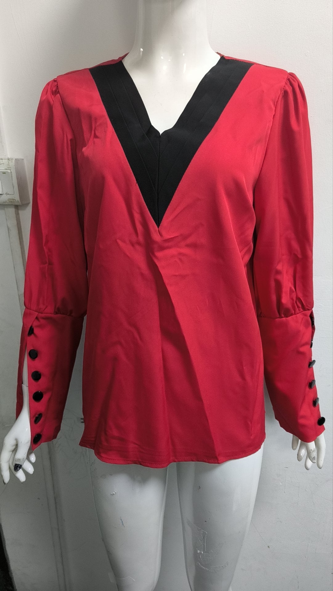 Women V Neck Solid Long Sleeve Button Top 15
