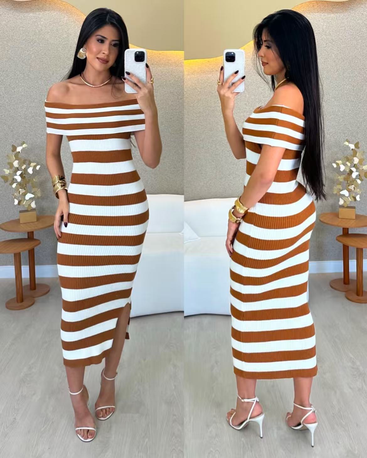 Contrast stripes women summer sexy off-shoulder knitting long dress 5