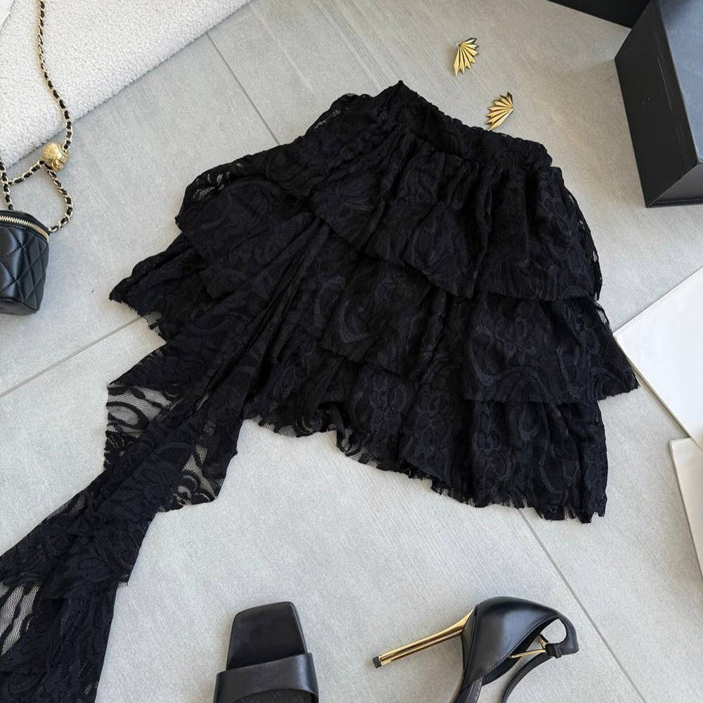 Women lace cascading ruffles irregular solid skirt 9