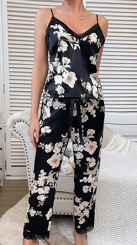 Sexy Leopard Printed Pajama Set Lace Satin Camisole Trousers Homewear 3